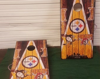 Pittsburgh Penguins, Pirates, Steelers city Custom Built Cornhole Boards Bag Toss with FREE bags FREE Storage Case, Rustic Triangle Design