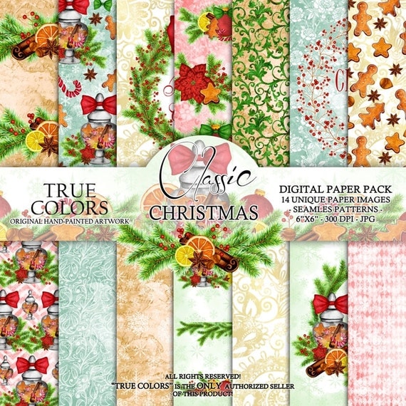 Christmas Digital Paper Pack Watercolor Hand-Painted Printable Red Green Blue Brown Gingerbread Cookie Wreath Cranberry Candy Cane Jar 6x6"