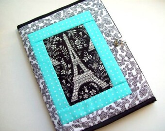Paris Dreams Quilted Journal Cover, Eiffel Tower, reusable fabric cover for composition notebook, customize with your choice of color