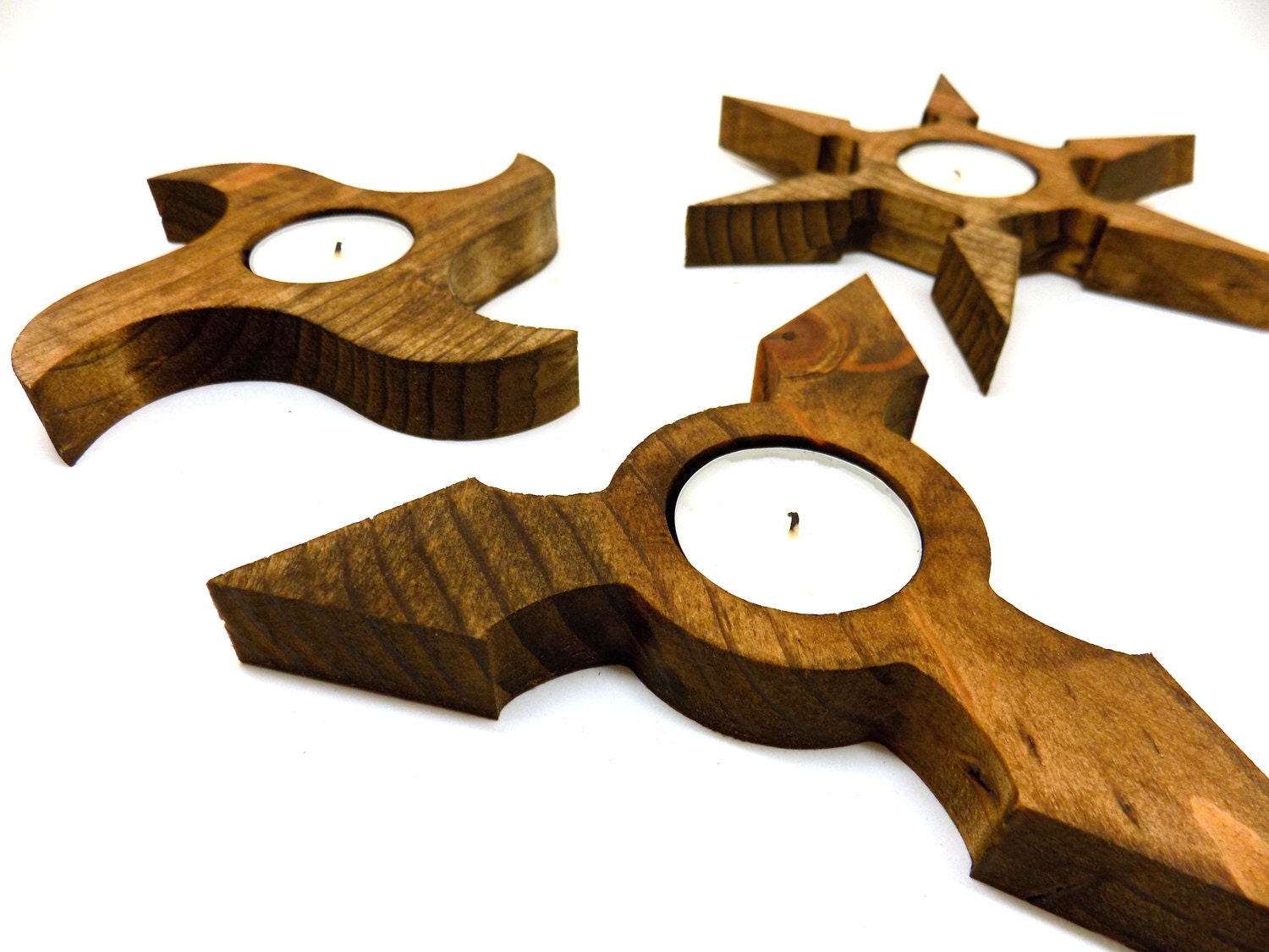 Wood Throwing Stars Candle Holder Set Shiruken and Vintage