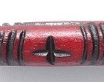 Deeply Carved Bone Red with Black Tube Natural Beads 24mm 6pcs