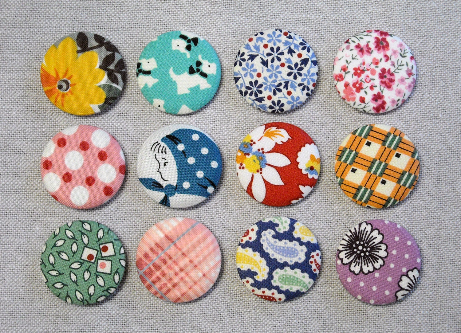 Fabric Button Magnets Set of 12 Feedsack and Novelty