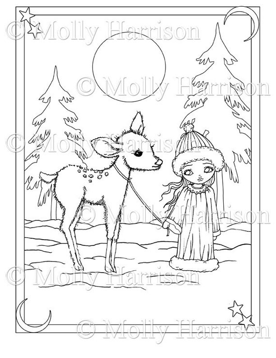 Girl and Fawn in Snow Coloring Page - Printable Instant ...