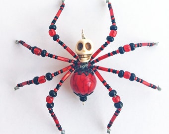 Karma - red and black glass beaded skull spider goth sun catcher - Halloween decoration - Christmas ornament