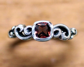 Vintage garnet ring, silver garnet engagement ring, january birthstone ring, cushion cut ring, swirl ring, ocean ring, bezel Water custom