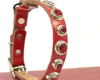 Red Leather Cat Collar with Red Crystal Rivets, Eco-Friendly, Size to fit a 8-10in Neck, OOAK