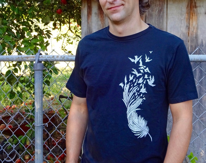 Graphic Mens Tee, Graphic Bird Shirt, Nature Shirt, Organic Cotton Shirt, Organic Men Shirt, Organic Graphic Tee, Cotton Feather Shirt