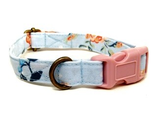 High Street - Organic Cotton CAT Collar Breakaway Safety - Light Blue Vintage Floral - All Antique Brass Hardware