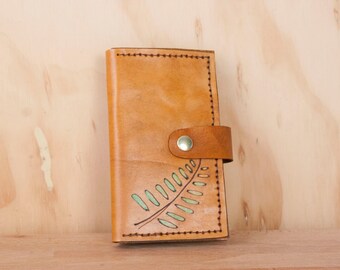 iPhone 6 Case - Leather Wallet Case in the Rowan pattern with ferns in green and antique tan - Handmade for iPhone 5, 6, 6+, SE, 7 or 7+