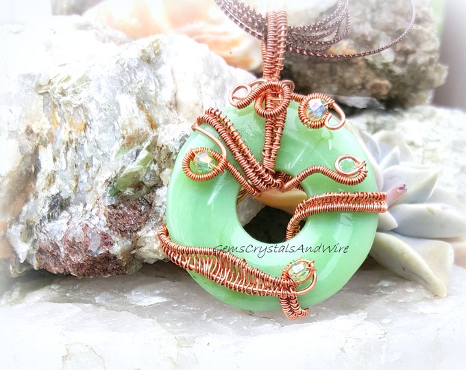 Wire Woven Donut, Mythical Pendant, Green Necklace, Copper Pendant, OOAK, Crystal Woven Pendant, Birthstone Pendant, Peridot