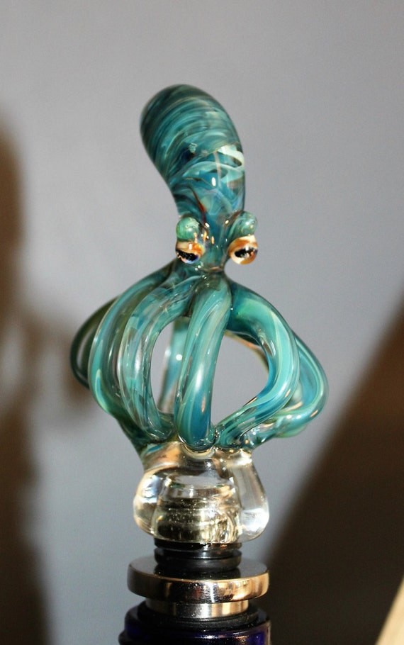 Teal glass Octopus wine stopper