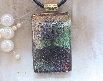 Tree of Life, Dichroic Pendant, Necklace, Fused Glass Jewelry, Green, Necklace Included, A5