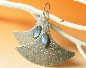 Large Rainbow Moonstone Earrings, Galactic Argentium Sterling Silver Earrings, Metalsmith Statement Earrings, Modern Jewelry, Cosmic Earring