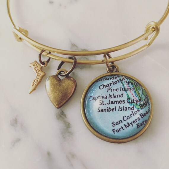 Sanibel Island Map Charm Bangle Bracelet by