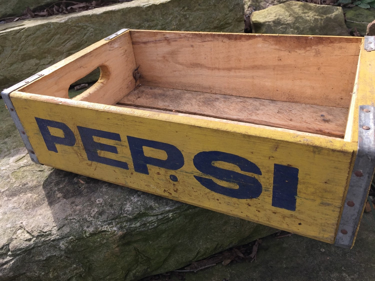 Vintage PEPSI COLA Wooden Soda Crate Case Tray Mustard Paint