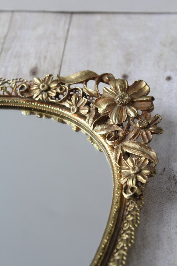 Long Gold Ornate Mirror Dresser Tray / Floral Oblong Oval