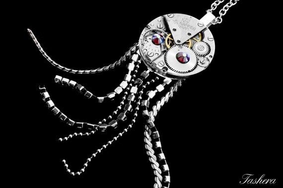 Steampunk Jellyfish Necklace, Silver Squid Necklace, Assemblage Necklace, Industrial Jewelry, Luxury Gift, Retro Jewelry, Nautical Jewelry by tasherajean steampunk buy now online