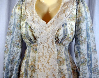 Vintage THIS IS YOURS Victorian-Style Gunne Sax Dress Calico - Soft Blues Browns, Greens - Empire Waist