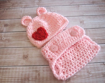 Baby Bear Hat, Baby Girl Hat, Baby Valentines Hat, Girl Diaper Cover, Baby Diaper Cover, Baby Girl Outfit, Newborn Girl Hat, Pink Infant Hat