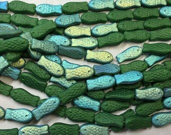 Fish Beads Opaque Green AB Czech Pressed Glass with AB Finish 25 beads