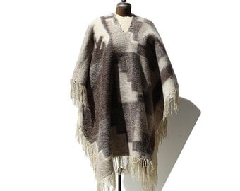 Vintage Tan & Brown Wool Mohair Poncho Cape