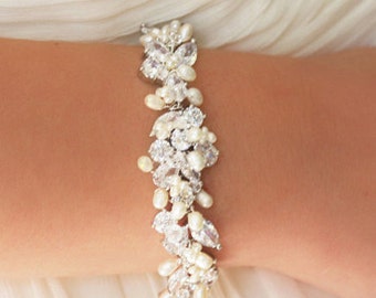 Statement Bridal Bracelet, Wedding Jewelry, Rhinestone, Freshwater Pearl and Swarovski Crystal Bracelet