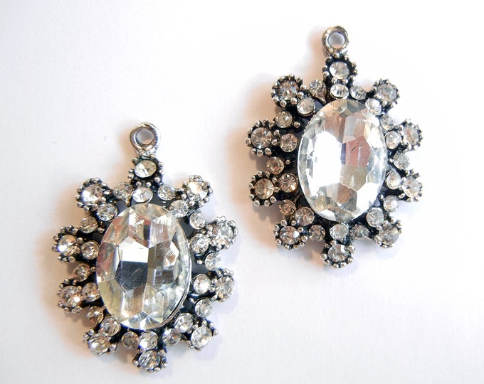 Pair of Oval Crystal Pave Antique Silver-tone Charms