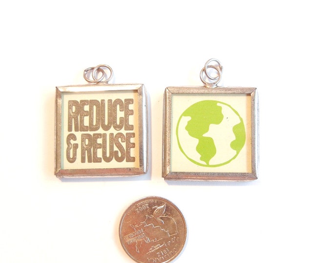 1 Pendant: Reduce & Reuse with Earth Image Charm in Metal Frame Under Glass Recycle