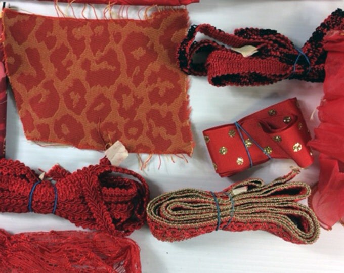 Lot of Red Themed Fabric, Ribbon, Trim- Lot A