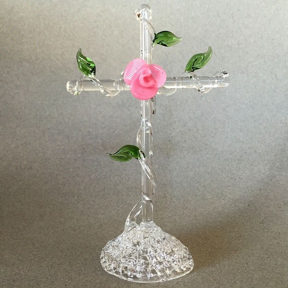 Hand Blown Glass Cross with Pink Flower and Leaves Figurine