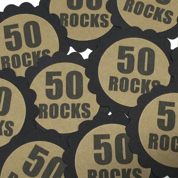 50th Birthday Favor Tags 50 Rocks Set of 12 Black and Kraft