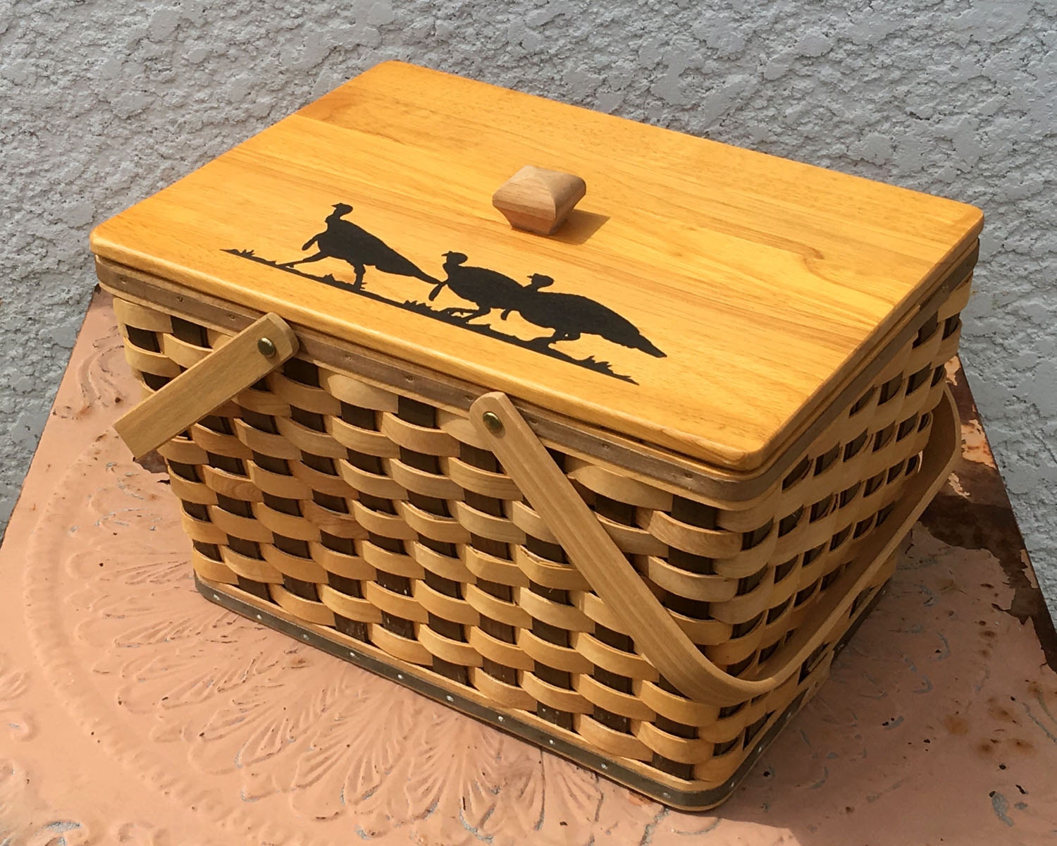 Vintage Wood Slat Picnic Basket TwoTone Solid Wood Lid