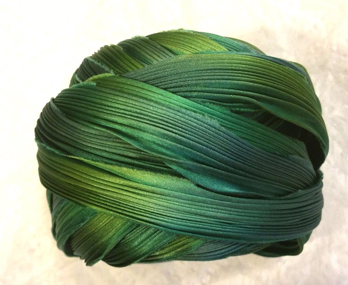 Shibori Ribbon Hand Dyed Silk Ribbon Deep Sea Greens ...
