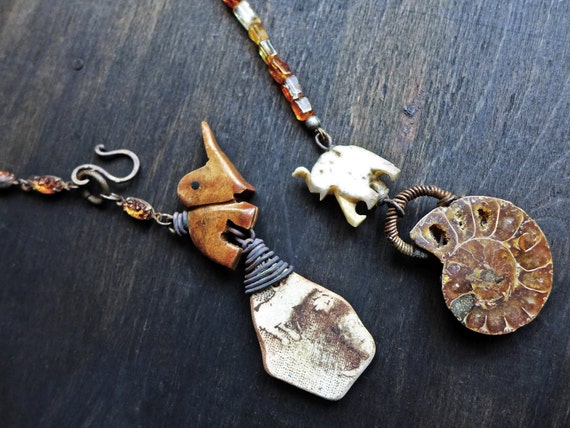 Ganesha. Elephant lariat in warm topaz amber and off white. Rustic artisan assemblage necklace.