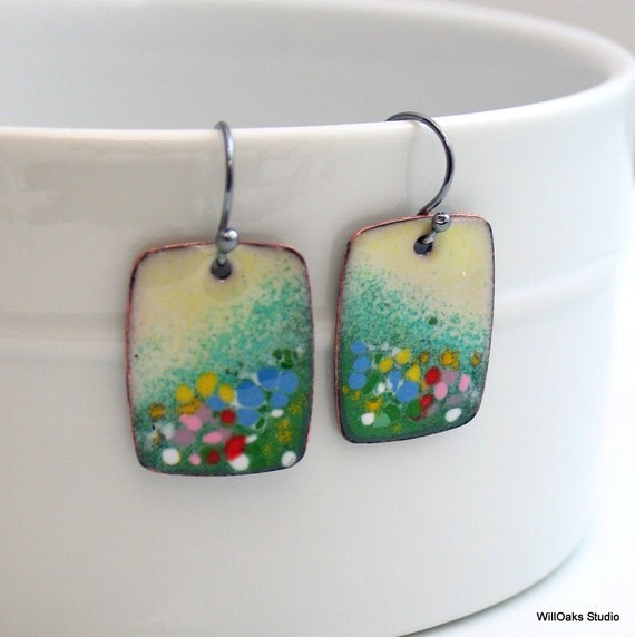 Artisan Original Dangle Earrings, Ready to Ship, One of a Kind Copper Enameled Colorful Earrings, Flower Fields in Pink and Lavender