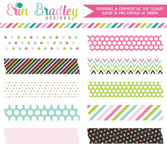 Instant Download Digital Washi Tape Clipart, Rainbow Polka Dots and Stripes Digital Washi Tape Clipart Graphics Il_570xn