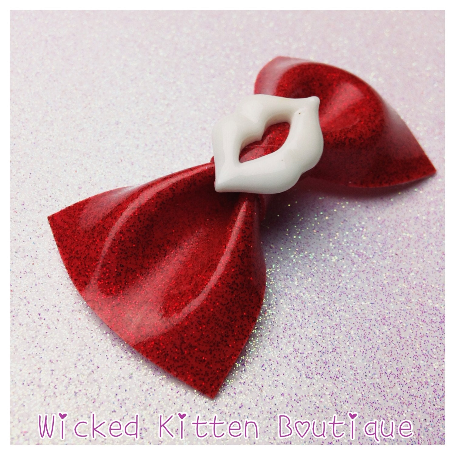 Red Glitter Vinyl Hair Bow small white lips Rockabilly Bow