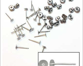 Pure TITANIUM Earring Posts and stainless ear nuts, 4mm pads Hypoallergenic Anti Allergy Jewelry, earring design, supplies, flat pads,