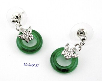 Earrings Jade Butterfly silver tone Pierced