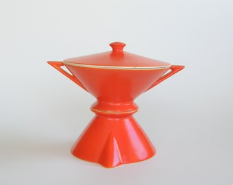 Atomic Art Deco Creamer & Sugar Set: Salem China Streamline Shape, Mandarin Orange Pattern, Priced by Condition