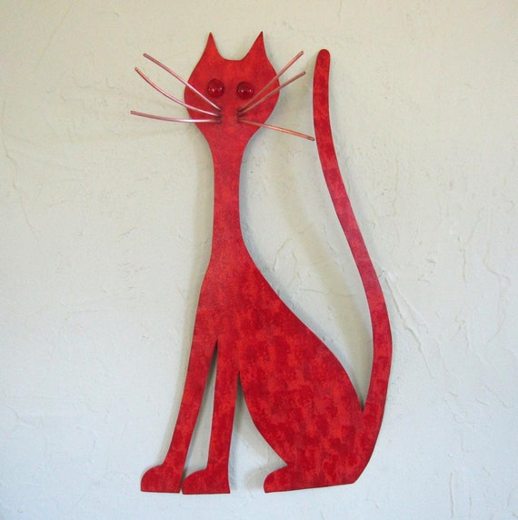 Metal Wall Art Cat Sculpture Kitty Decor Red Orange Recycled