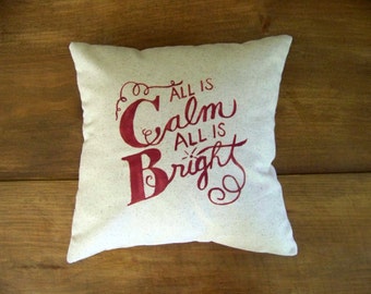 free shipping - all is calm all is bright christmas pillow - silent night - holiday home decor - festive - cushion - christmas pillows - red