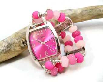 Pink Wrist Watch, Interchangeable Watch Band, Hot Pink Watch, Bracelet Watch, Chunky Watch, Beaded Watch Band, Beaded Watch Bracelet