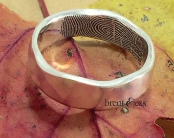 Organic Edge Handcrafted Fingerprint Wedding Band with a Tip Print on the Inside in Sterling Silver, Fingerprint Ring