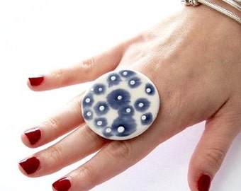 Ceramic Jewelry Cocktail Ring - big ring, ceramic and pottery, handmade boho cocktail ring - AUSSIE ROCK POOLS - 1.8 inch