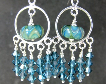 Boho Earrings, Green Blue Chandelier Earrings, Aqua Blue Crystal Earrings, Statement Earrings, Boro Lampwork Glass Earrings. Dangle Earrings