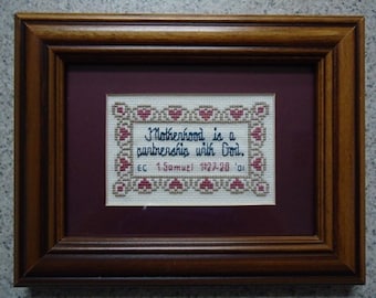 Motherhood Is - Inspirational Cross Stitch Picture - Wall Decor