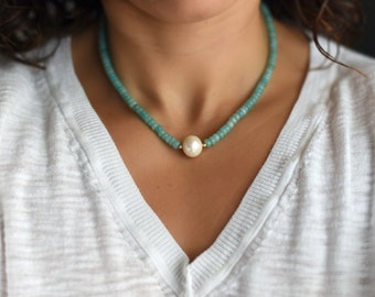 Single Freshwater Pearl Necklace/ Real Pearl Necklace/ Amazonite Necklace/Pearl Gemstone Necklace/ Simple Pearl Necklace/Pearl Choker
