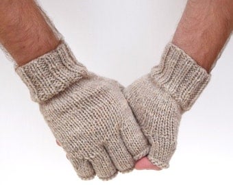 Knit fingerless gloves for men 100% merino wool natural handmade Christmas gift winter gloves gift for him