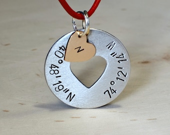 Latitude longitude necklace with monogram heart charm - NL072